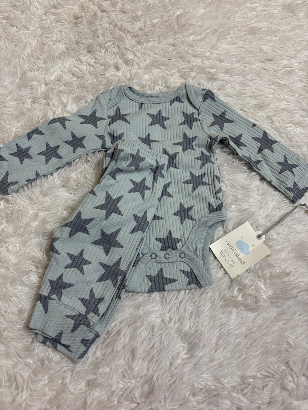 NWT Cloud Island Light Blue Star Print Ribbed Long Sleeve 2 Piece Set Size NB
